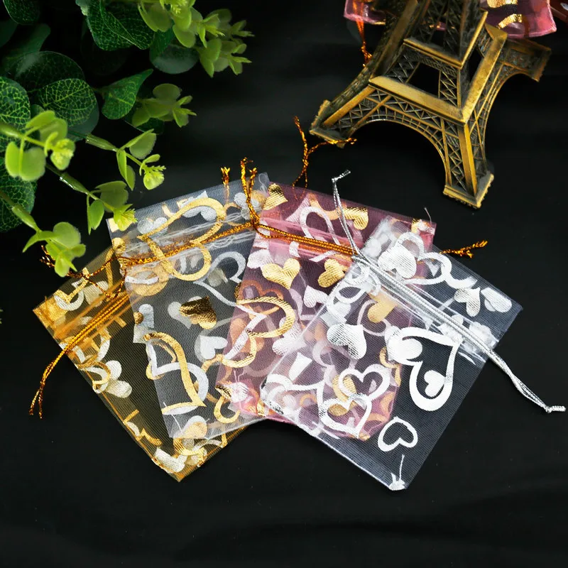 5 шт. Сумка из органзы золотистого и серебряного цвета в форме сердца