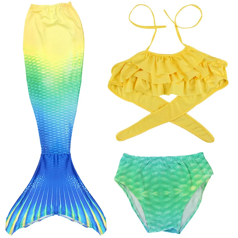 Yellow Bra Купальный костюм Русалочки для девочек 11 цветов; костюм из 3 предметов для костюмированной вечеринки; Детский костюм с хвостом Русалочки Ариэль; детский купальник - Цвет: Yellow Bra