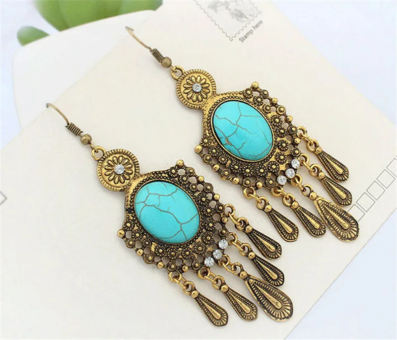 Women boho marble rhinestone beaded dangle set ethnic bohemian blue stone drop earrings tribal tassel jewelry antique gold gifts | Украшения