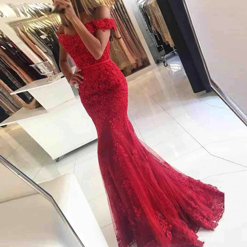 Кружевное Длинное Элегантное платье с открытыми плечами и бисером vestido formatura