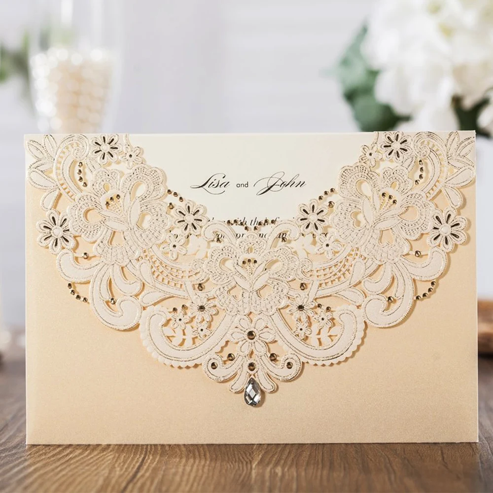 

Wishmade 50pcs Champagne Gold Laser Cut Wedding Invitation Cards With Drill and RSVP Card Thank You Card , Customizable cards