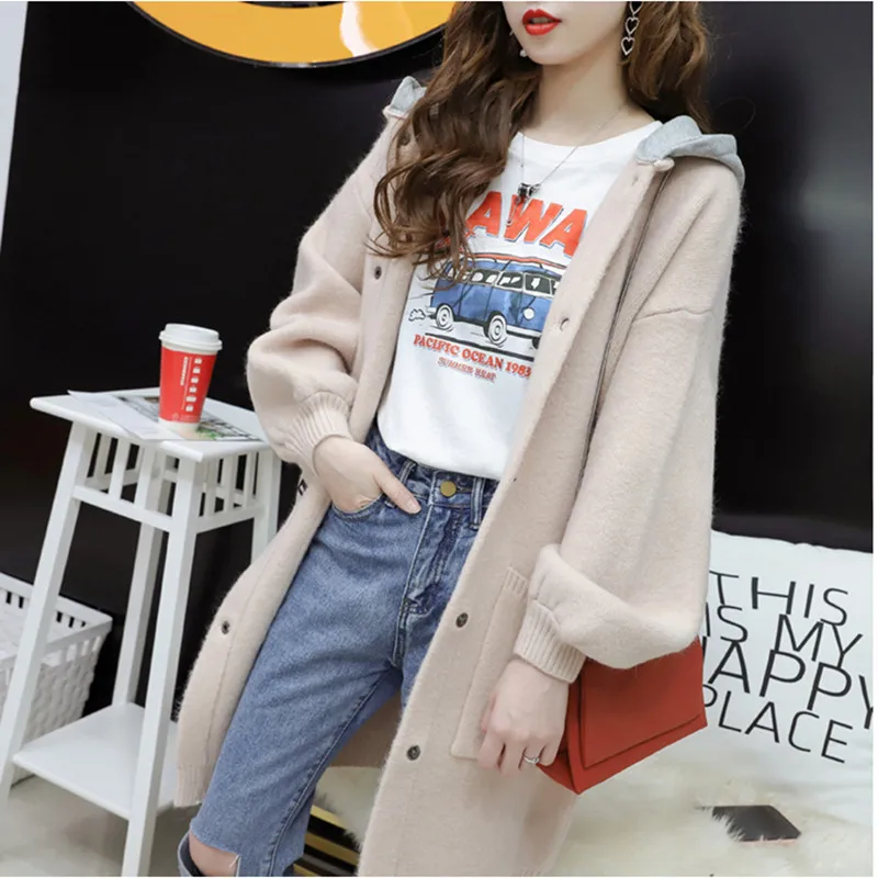 Autumn Winter Hooded Long Sweater Cardigan Women 2019 Fashion Lantern Sleeve Pocket Jacket Elegant Blue Caramel Colour Outerwear |