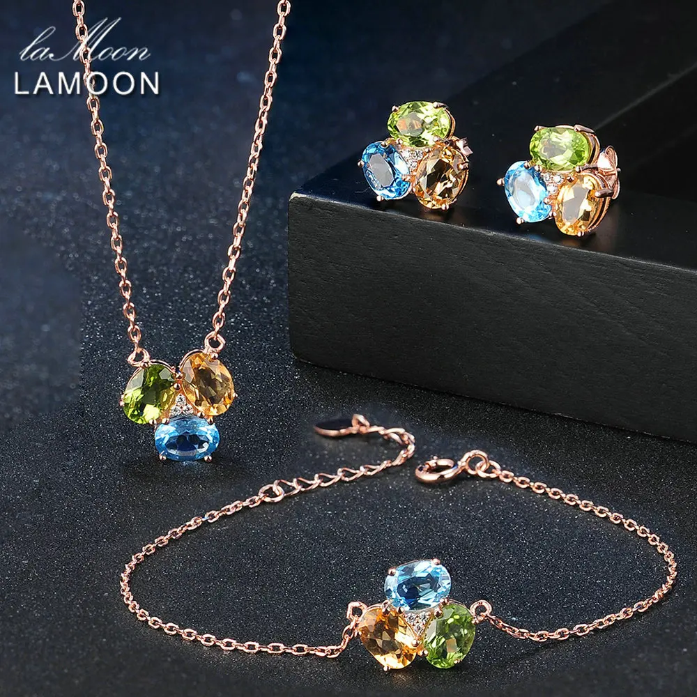 LAMOON 3ct Овальный Желтый цитрин Зеленый Перидот Голубой топаз 925