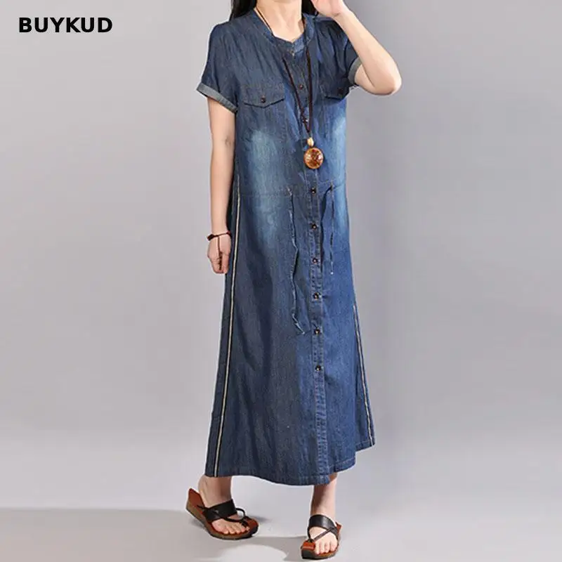 BUYKUD Для женщин Однобортный завязки Изделие из хлопка с короткими рукавами платье