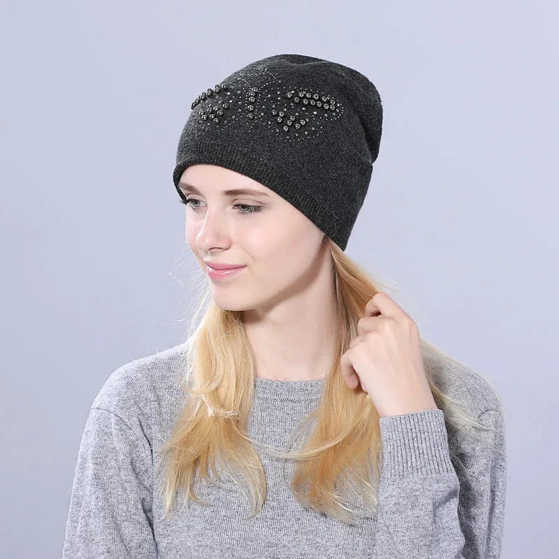 [YARBUU] настоящий шарик из меха норки шляпа для женщин Шерсть skullies beanies бабочка ногтей бусины твердые вязаные шапки для девочек женская Лыжная шапка - Цвет: dark grey
