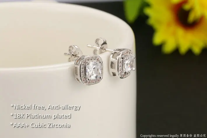Женские серьги гвоздики серебристого цвета с квадратным фианитом|earrings barbell|earring