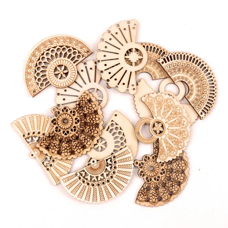 Handmade Wooden Crafts Home Decoration Scrapbooks Jewelry Make Earrings DIY Mix Chinese Style Retro Fan Wood Ornaments 65mm 6pcs
