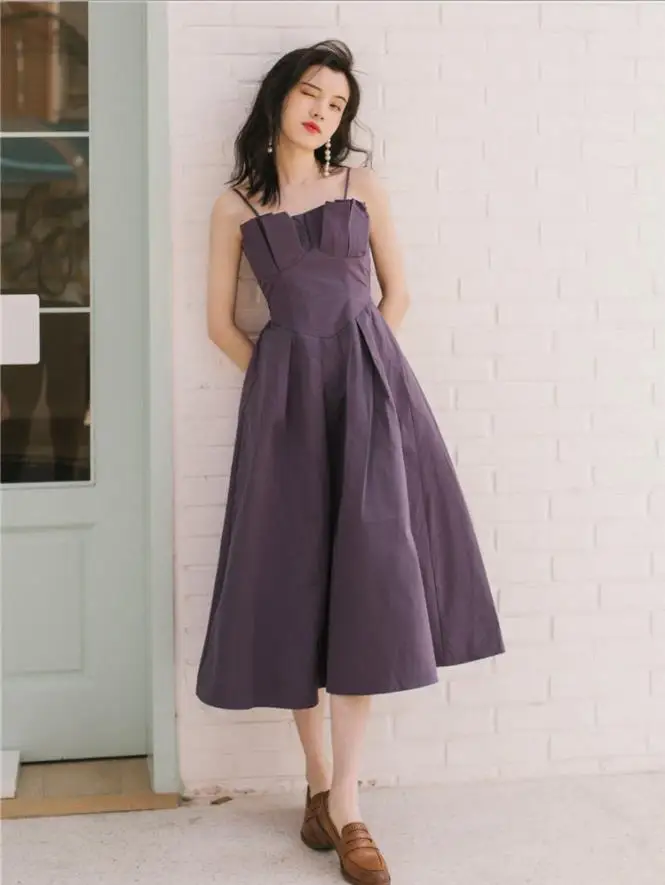 

Vintage Purple Spaghetti Strap Dress French Retro Style Summer Women Dresses Vestidos