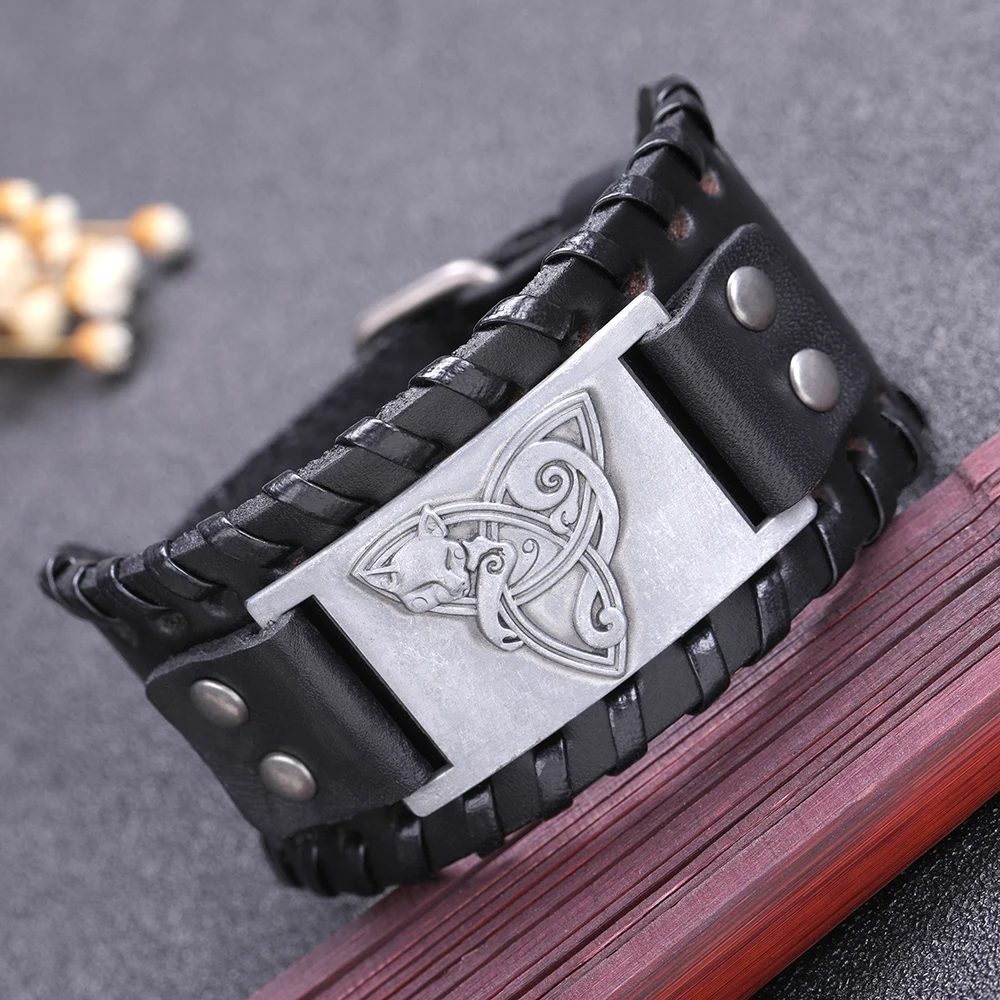 LIKGREAT Viking ювелирные изделия кожаный браслет лиса Triquetra Fenrir животное подросток Волк троица вера благословение манжеты браслеты Кнопка