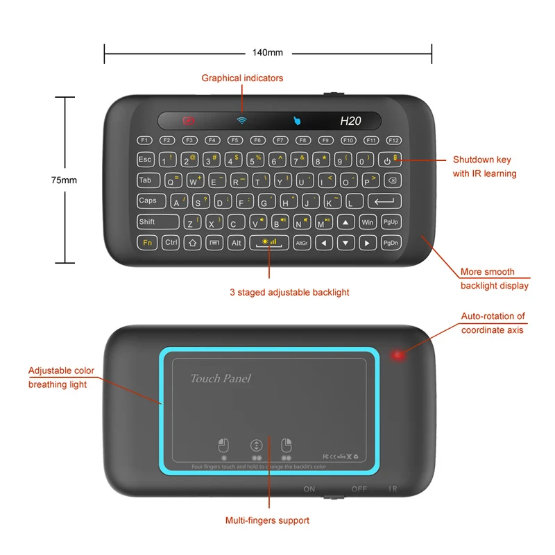 H20 с подсветкой 2 4 GHz Air Mouse беспроводная клавиатура и полноэкранная сенсорная