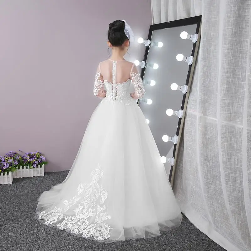 White Ivory Flower Girl Dresses Lace Long Sleeve With Small Train Prom Party communion Formal Occasion | Свадьбы и торжества