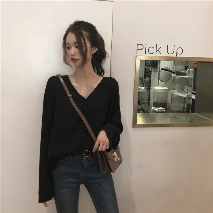 2 цвета Mihoshop Ulzzang Корейская женская модная одежда V Воротник шифон длинный рукав