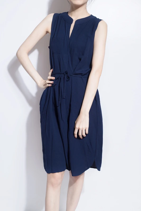 

PERHAPS U Blue Navy White Khaki V Neck Sleeveless Tank Sarafan Sash Pocket Casual Loose Solid Short Dress Summer D0417
