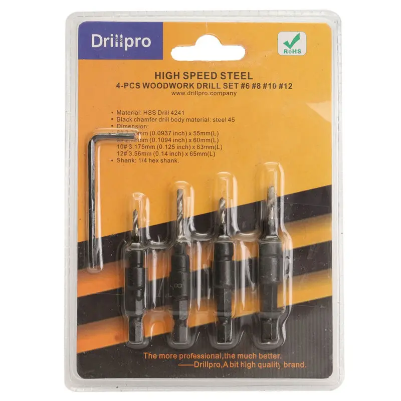 Drillpro 4 шт. HSS Зенковка набор сверл быстрая замена шестигранный хвостовик винт#6#8#10#12 Высокое качество