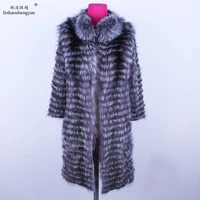 linhaoshengyue 90cm long real silver fox red fox nature fur coat wool knit linerstylish stand collar