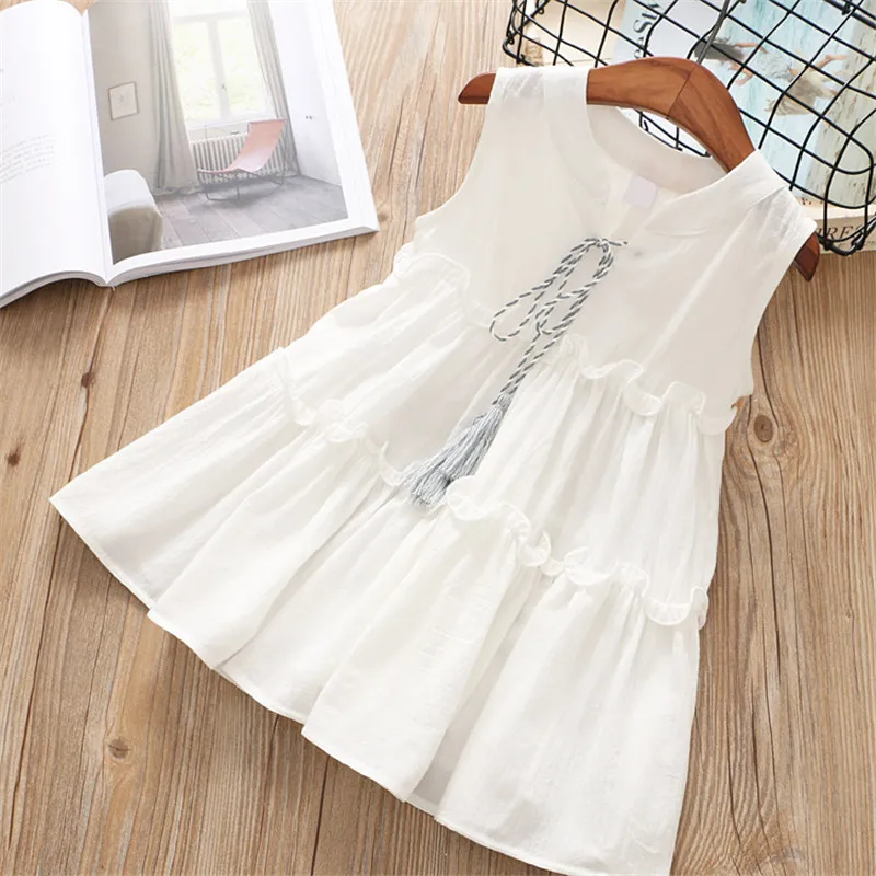 2019 high quality new casual active sleeveless Solid bow kid children girls dress baby girl clothes white yellow clothing | Детская
