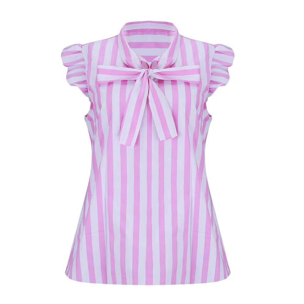 

2018 Summer Lace Up Round Neck Sleeveless Blouse Women Ruffle Striped Top Shirt WS8871V
