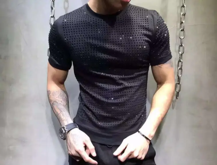 

top quality Men 2018 summer new drilling slim fit Tee rivet full drill male short sleeved tshirt personality