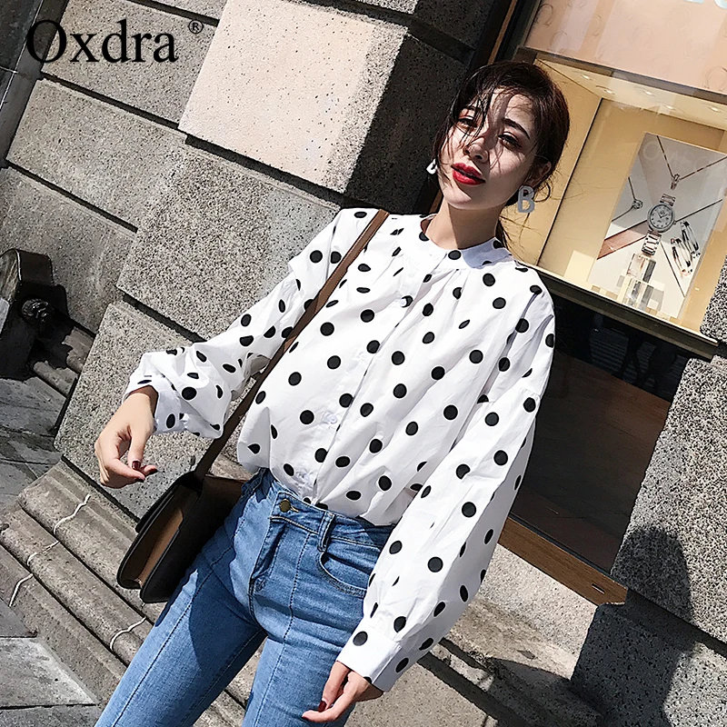 Oxdra 2019 весенне осенние винтажные блузки на пуговицах в горошек свободные рукава