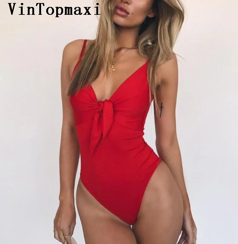 2018 Новый Однотонный женский слитный купальник с узлом на груди и бантом