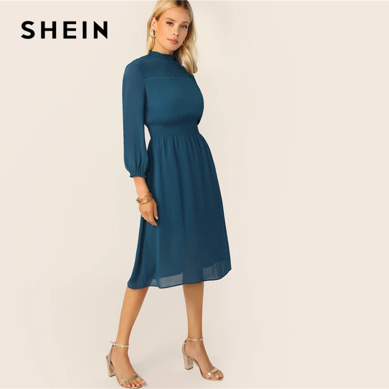 SHEIN Стильное Платье Со Стоячим Воротником Женское Синее Классическое Платье С Длинными Рукавами