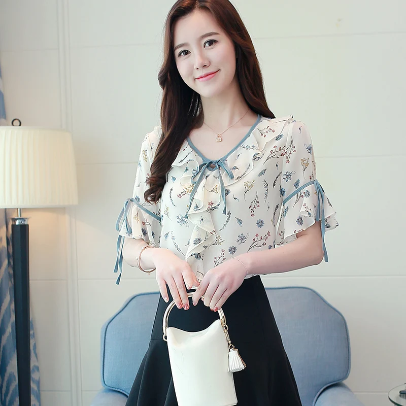 2018 New short sleeve summer women blouses fashion print chiffon blouse shirt bow V collar clothing blusas 0049 30 |