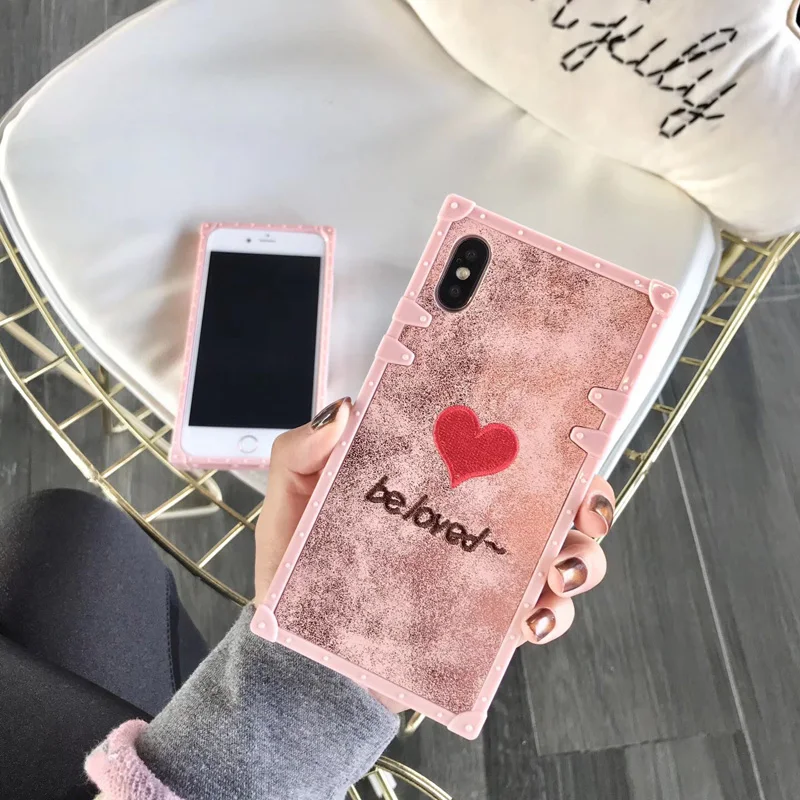 Роскошный блестящий квадратный чехол для телефона с сердцем iPhoneX 6 6S 7 8 Plus