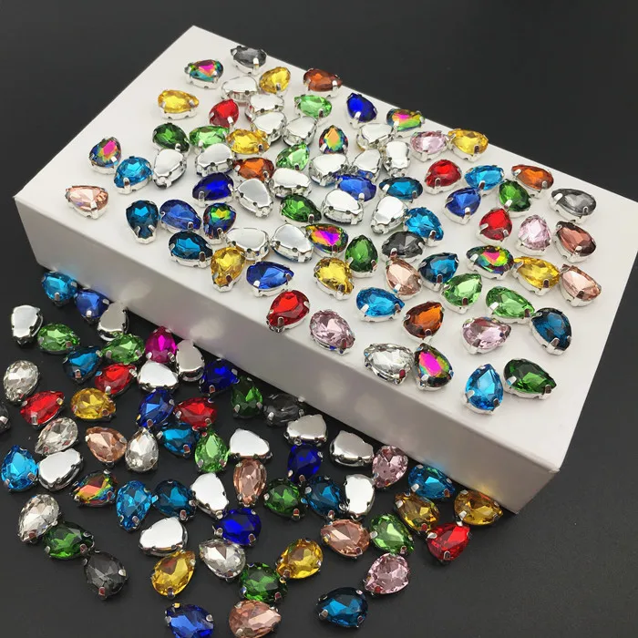 7x10mm Mix Colors Droplet Sewing On Glass Crystal Fancy Rhinestones In Silver Claw Setting Stones For Wedding Dress | Дом и сад