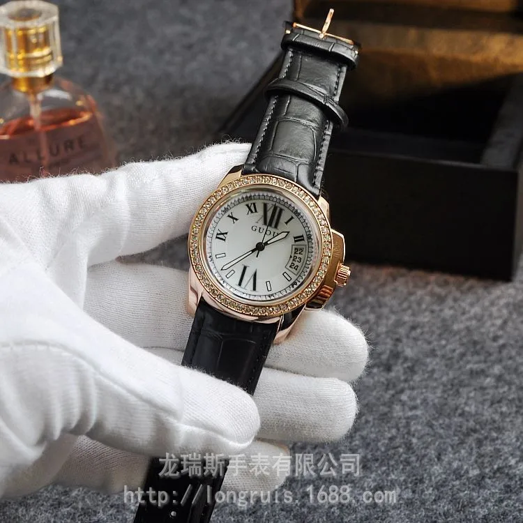 Модные брендовые женские Часы Guou со стразами ремешком и календарем прочные