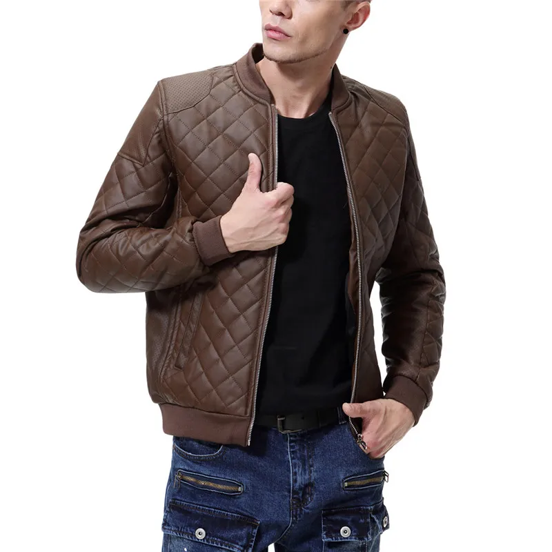 

2019 Autumn New England Stand Collar Men's Diamond Washed Leather PU Leather Jacket Men's Motorcycle Leather Jacket