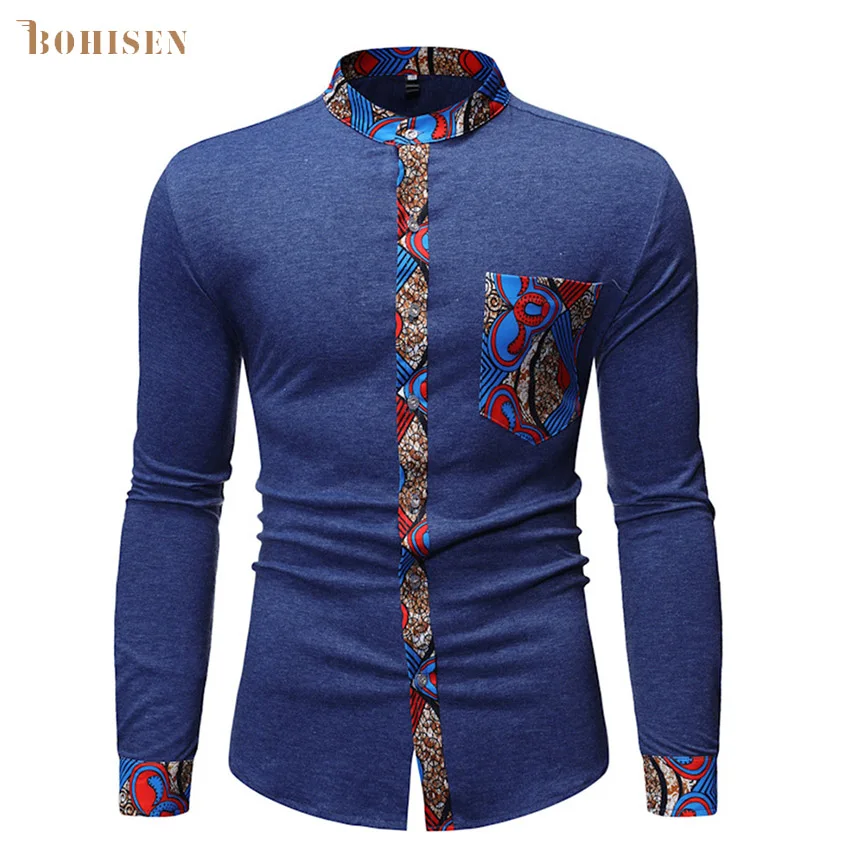 BOHISEN African Print Cotton Shirt For Men New High Stand Collar Patchwork Button Top T-shirt Slim Fitted Men's Kente Clothing |