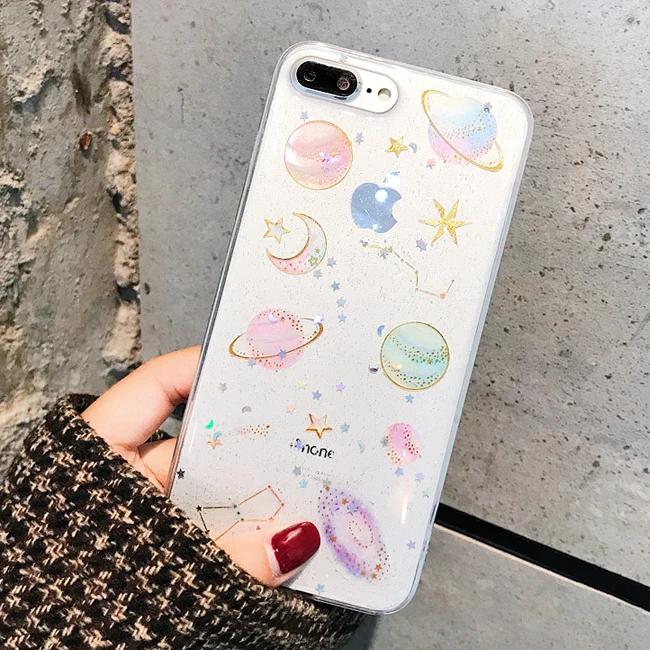 Bling Glitter Planet Sakura Transparent Soft Gel Case Cover For Apple iPhone X 6S 7Plus 8Plus |