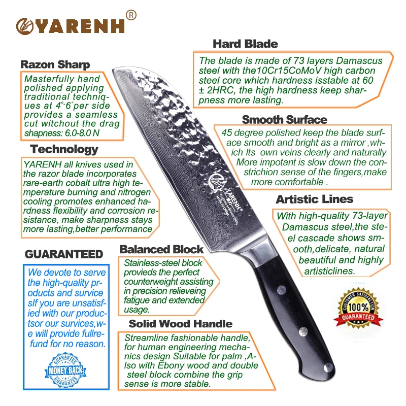 YARENH 7 дюймов нож Santoku Кливер лучший VG10 Дамасская сталь кухонный с эбеновой ручкой