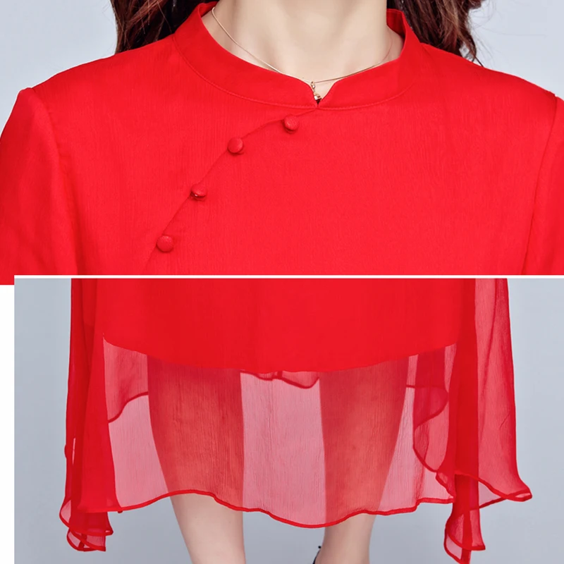 

2018 summer New fashion chiffon Women Cheongsam long Dress Red Black half sleeve Dresses female summer loose robe dress QH1333