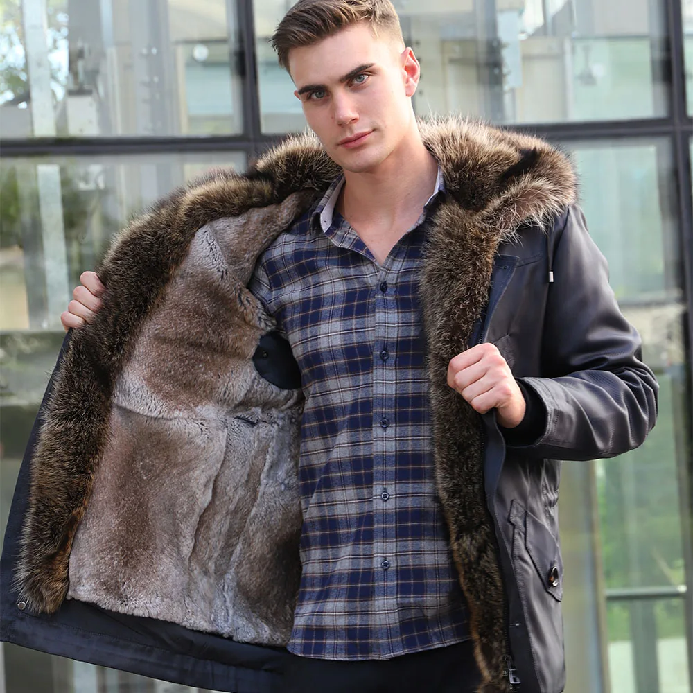 2019 Fur Collar Jacket Male Detachable Rex Rabbit Liner To Overcome In The Long Section Hooded Nie Overcoat Raccoon | Мужская одежда