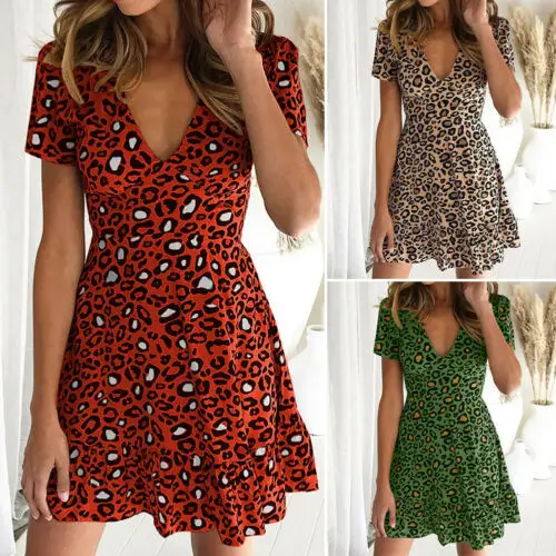 Женское платье с леопардовым принтом Boho летнее пляжное коротким рукавом и