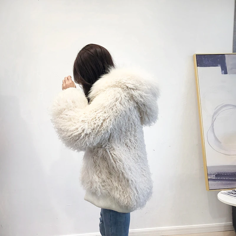 Sheep curls woven fur coat female fox fur collar hooded lamb fur coat long coat 2020 new winter