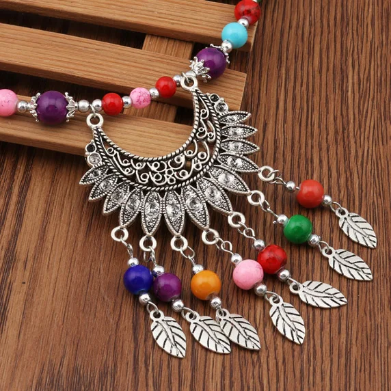 Seblasy Maxi Boho Big Statement Natural Stone Beads Moon Leaves Flowers Tassel Necklaces Pendants for Women Tribal Jewelry Colar | Украшения