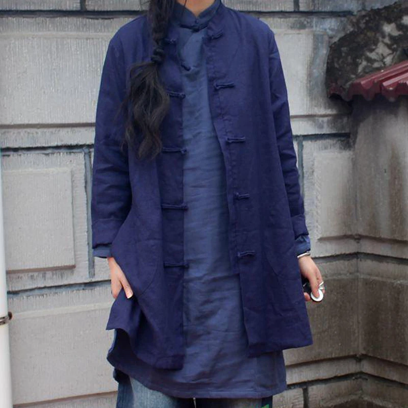 Женская блузка LZJN длинная винтажная из хлопка и льна с длинным рукавом