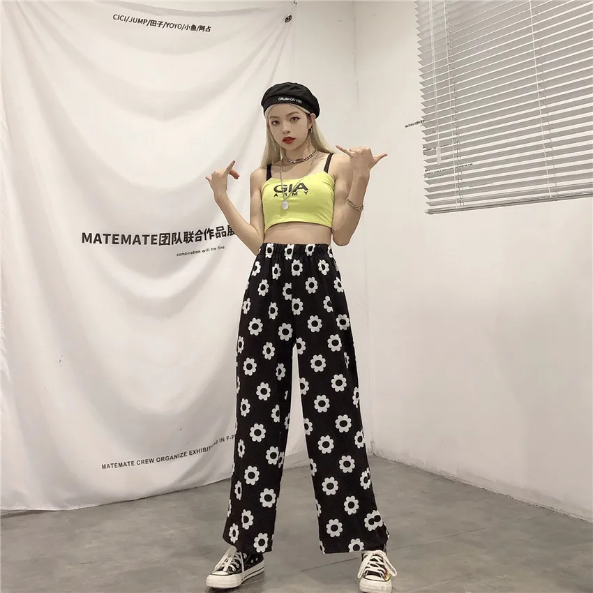 Оранжевый цвет: черный, синий с рисунком в виде ромашек и бандана Kawaii Boho строка Высокая талия карман свободного кроя в стиле «Лолита»; сезон лето брюки корейский брюки Харадзюку Для женщин Симпатичные