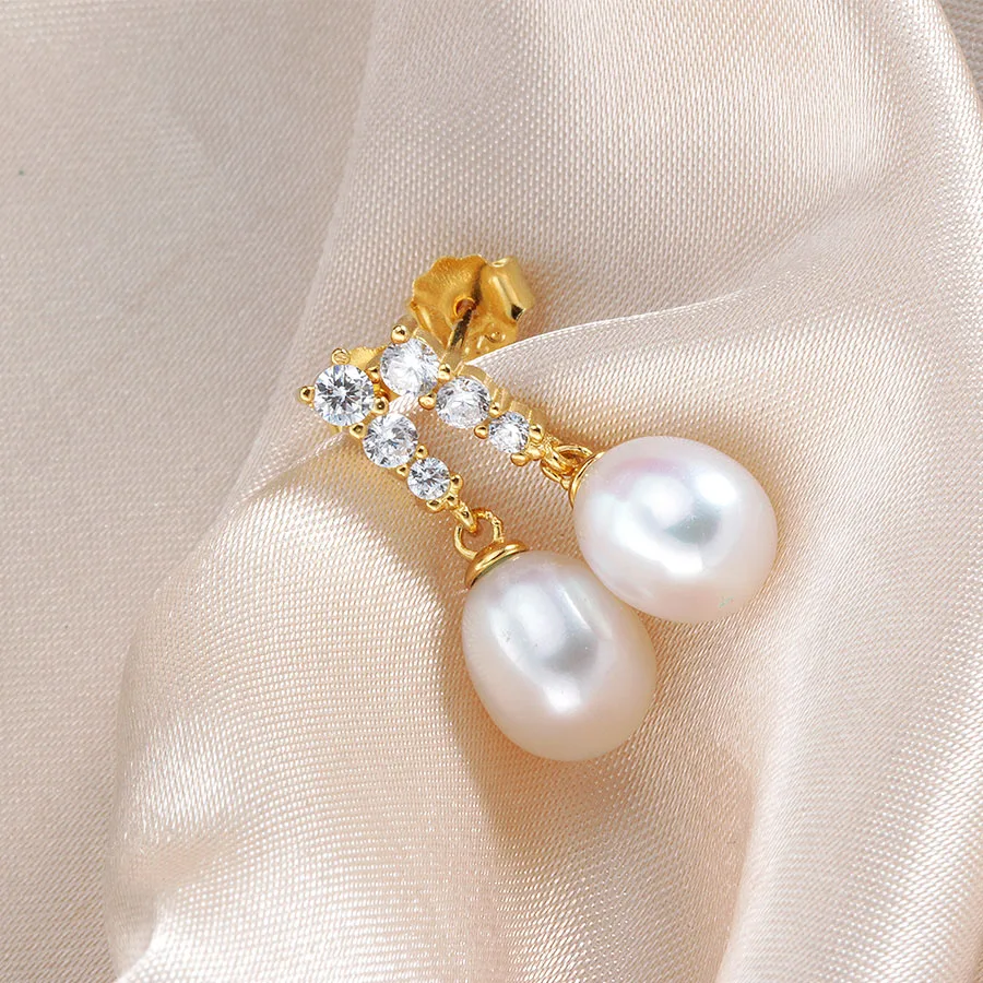 Lindo Fashion Gold Color Drop Earrings For Women 8-9mm Natural Freshwater Pearl Silver 925 Jewelry Solid Hanging | Украшения и