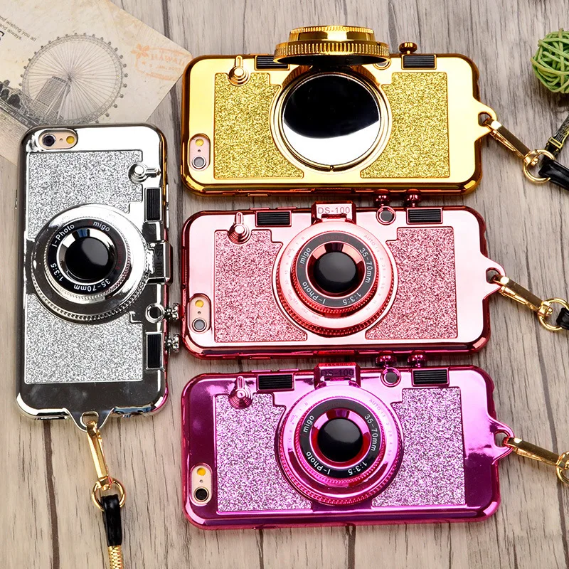 Shining Glitter Powder Camera Stand Phone Case For coque iphone X XR XS MAX 6 6s 7 8 PLUS cape Hide Makeup Mirror Cover+Lanyard |