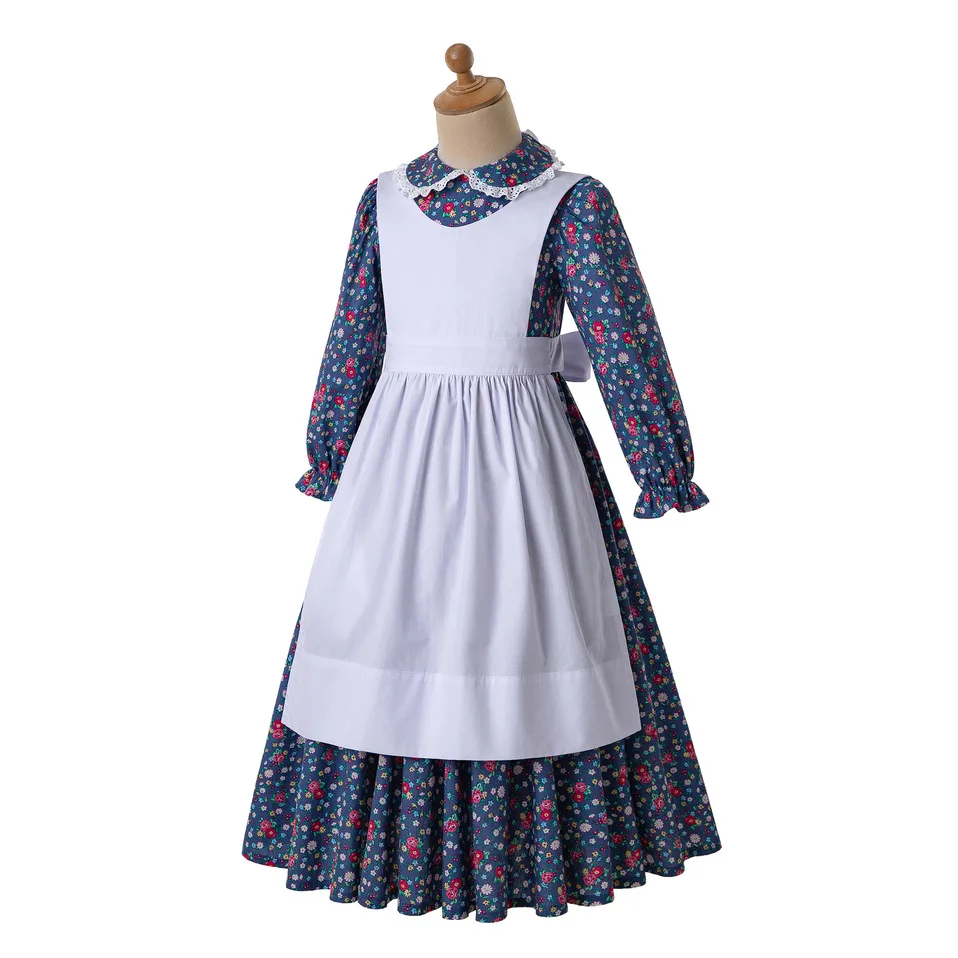 Pettgirl Flower Print Maxi Dress For Girls With White Apron And Hat Russia Style Kids Costumes Long Party Dresses | Детская одежда и