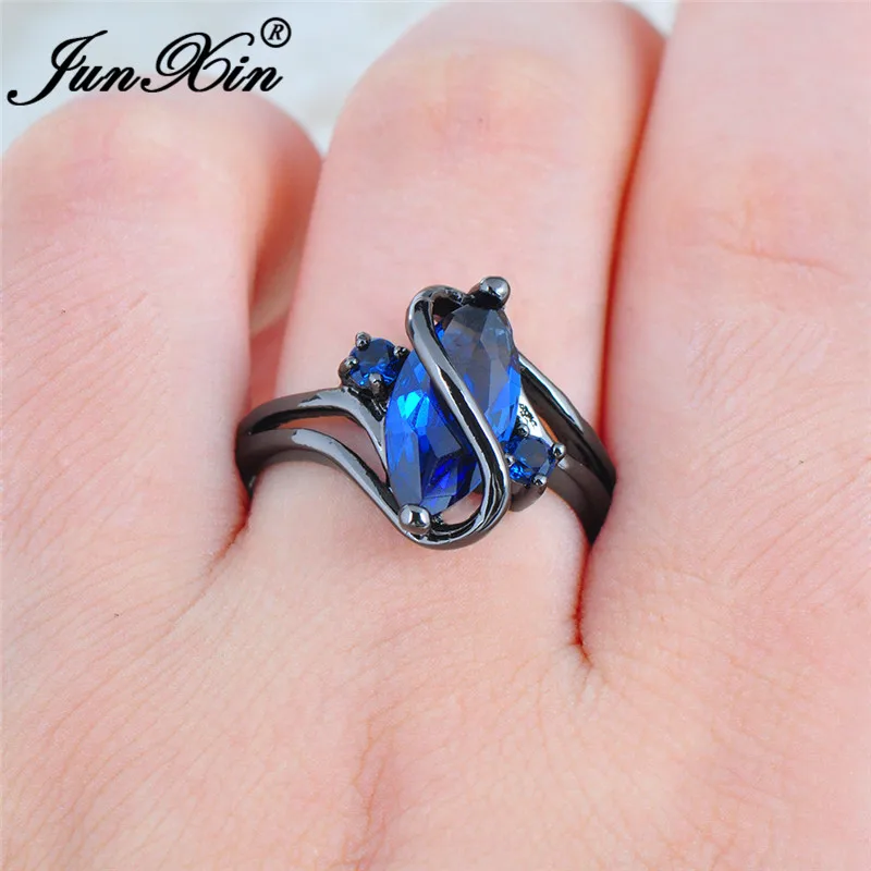 JUNXIN Vintage Blue Stone S Shaped Wedding For Women Men Black Gold Filled Big Marquise Zircon Engagement Ring Band Jewelry | Украшения и