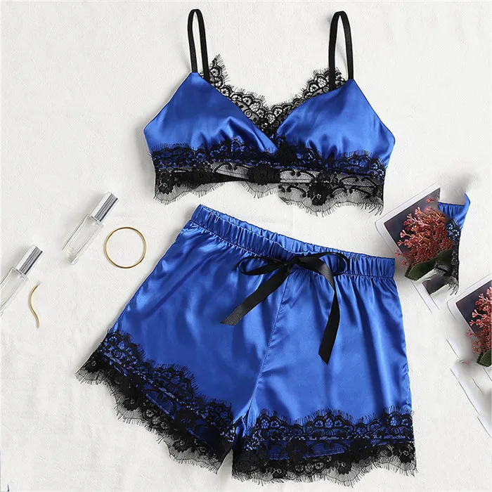 blue BOHOWAII женские кружевные пижамы Нижнее белье пикантное белье с бретельками Бралетт и трусики Комплект пижамы - Цвет: blue