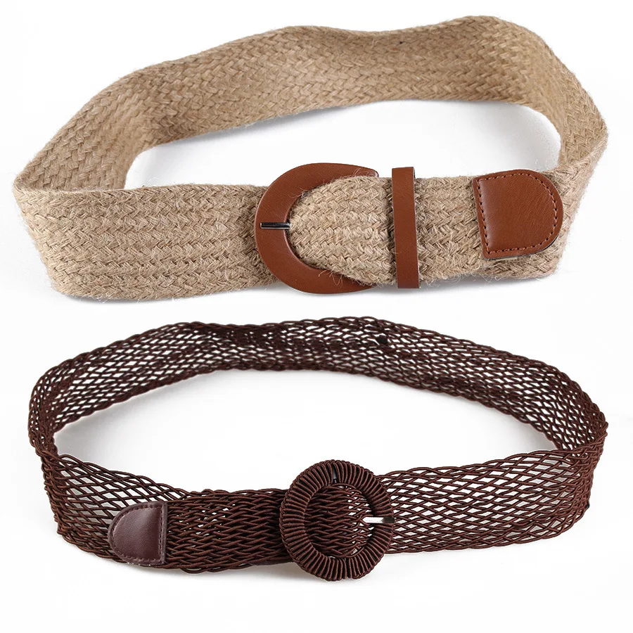 Женский винтажный плетеный ремень SJ77 трикотажный вощёный веревочный из дерева с