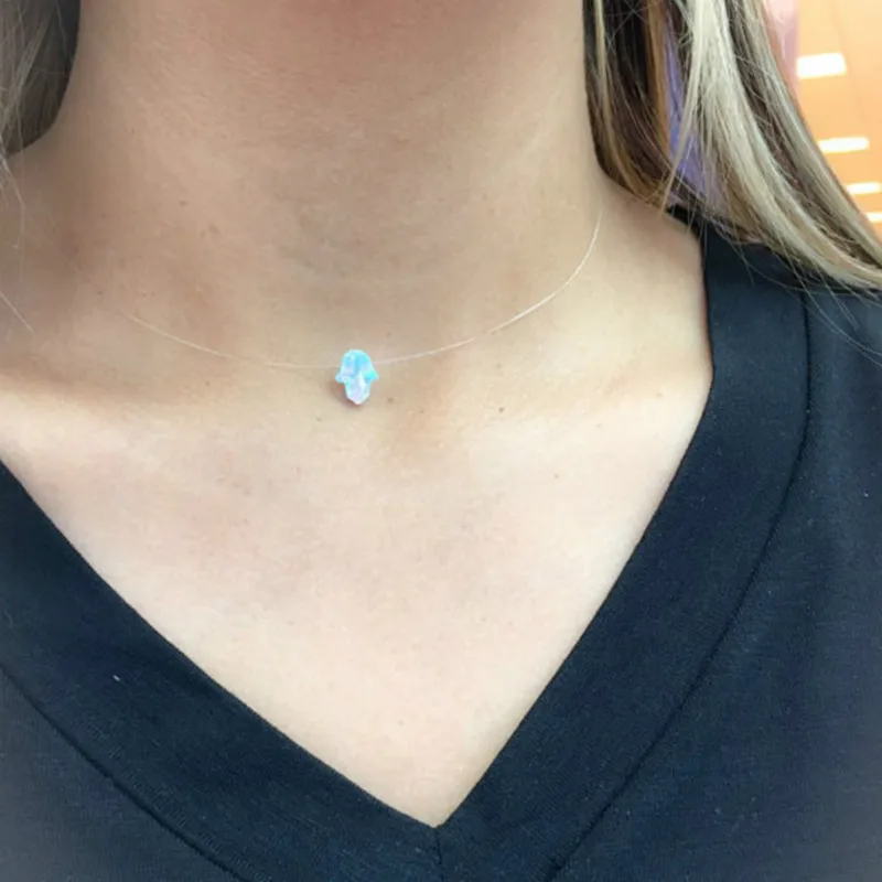 

Blue White Opal Hamsa Necklace Hand Fatima Pendant Necklace Transparent Chain Choker Women Jewelry Collier 2018 Fashion