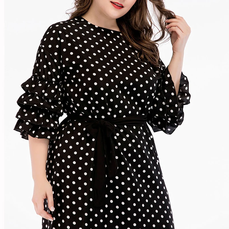 Женское длинное платье Boho осеннее большого размера с принтом в горошек черное