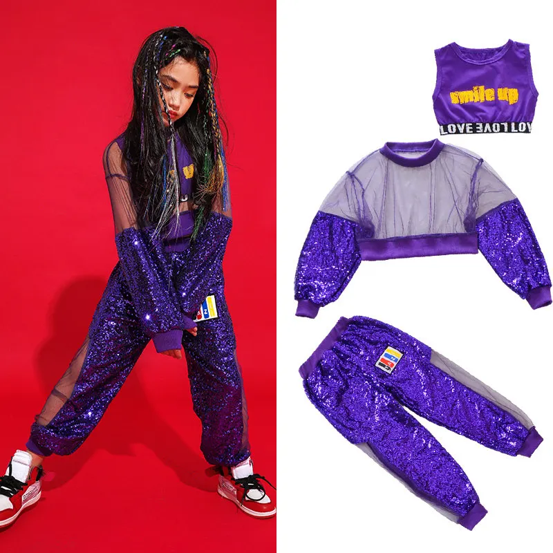 3pcs set Костюмы для танцев с блестками с длинными рукавами; цвет фиолетовый; одежда для уличных танцев; одежда для выступлений; одежда для сцены в стиле хип-хоп - Цвет: 3pcs set