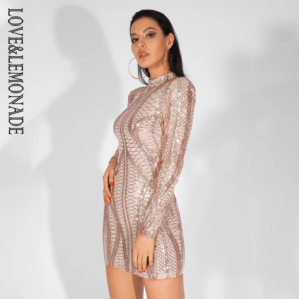 Love& Lemonade Стенд воротник геометрический узор блесток сетки Bodycon Вечерние платья LM81605GOLD